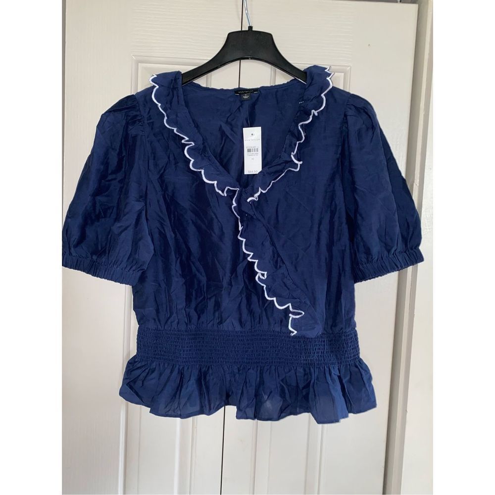 Ann Taylor NWT Scalloped Ruffle Wrap Top Navy Blue Blouse Sz Medium, MSRP $85 - Picture 2 of 10